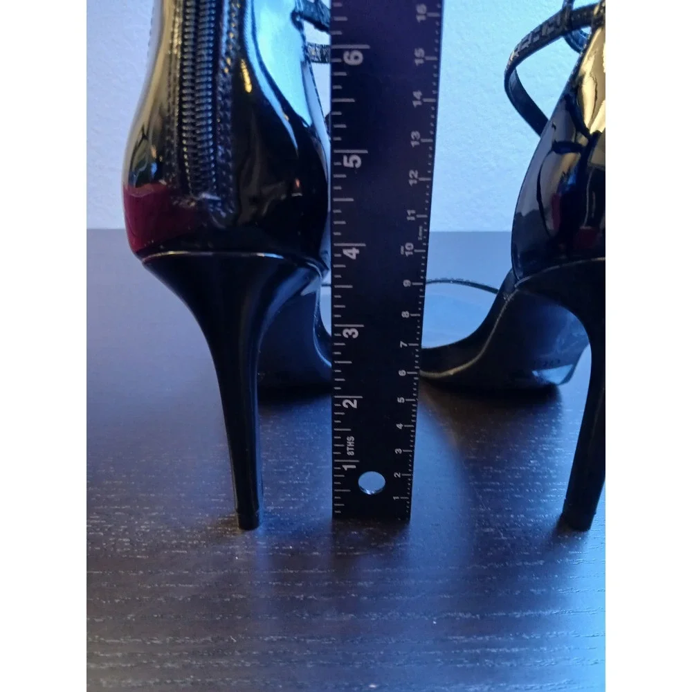 GUESS WGWHOLES Womens Black Patent Rhinestone Strappy Stiletto Heels 8.5M